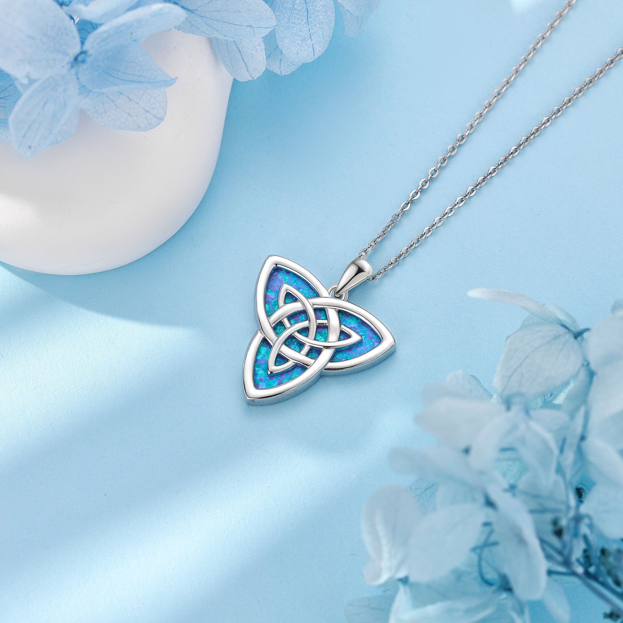 925 Sterling Silver Celtic Knot Synthetic Opal Necklace